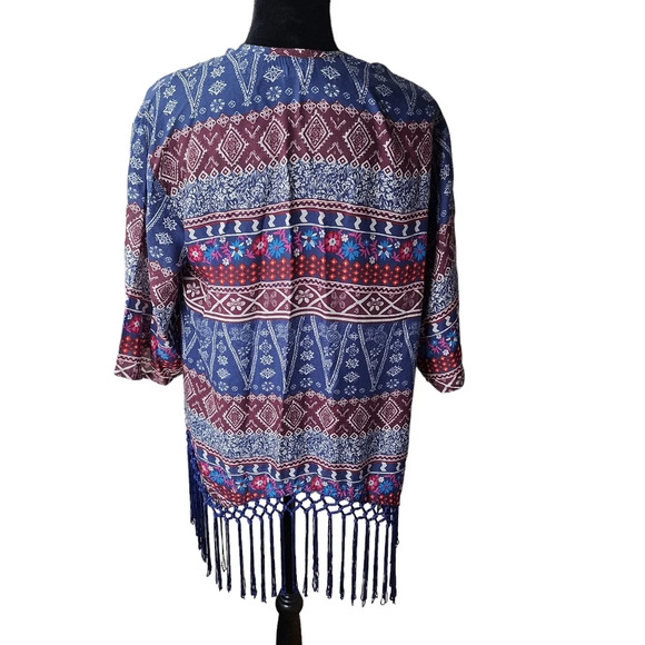 Hollister XS VTG Multi-Color‎ Print Kimono Cover-Up Blue Fringe Hem - Picture 4 of 14